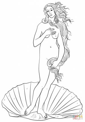 Раскраска Афродита из картины Сандро Боттичелли Рождение Венеры