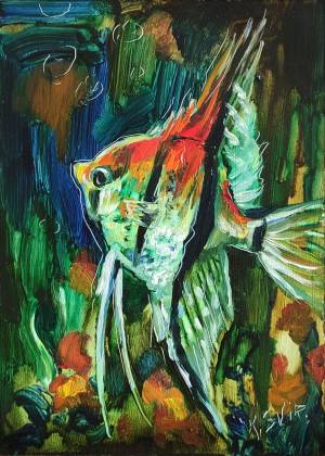 Angelfish Painting Aquarium Original Art Fish Oil Painting Underwater Wall Art 5 by 7 by SviksArt in 2023