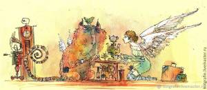 Картина девочка ангел с крыльями, акварель Утренний чай