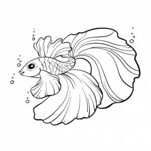 Симпатичная рыбка петушок бетта, с большим хвостом и плавниками, нарисованная вручную, в стиле каракулей