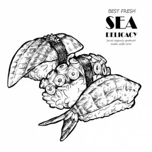 Рисованный набор суши меню азиатская еда рис рыба лосось угорь авокадо икра ролл креветки сашими