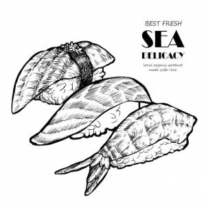 Рисованный набор суши меню азиатская еда рис рыба лосось угорь авокадо икра ролл креветки сашими