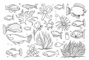 раскраски подводной жизни мультяшные элементы линейной иллюстрации морского дна для раскраски