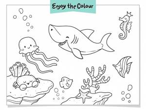 Раскраска акула, медуза, краб, морской конек, рыба и коралл в океане