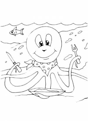 Раскраски Раскраска Осьминог обед осьминог Морские обитатели