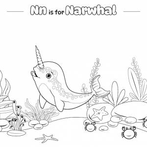 Раскраска нарвал  рыба на фоне океана