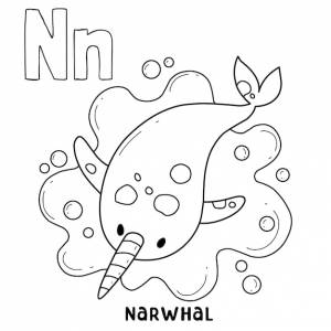 Алфавитное животное нарвал для раскраски со словом, нарисованным вручную буквой животного мультфильма