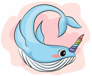 Симпатичный мультяшный персонаж нарвал с радужным рогом, забавный рисунок кита-единорога