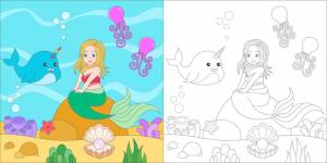 Раскраски русалка и нарвал