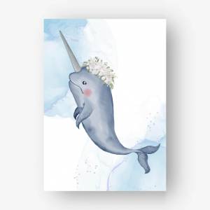 Симпатичный нарвал с цветком белый акварельный рисунок