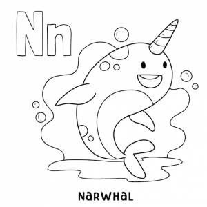 Алфавитное животное нарвал для раскраски со словом, нарисованным вручную буквой животного мультфильма