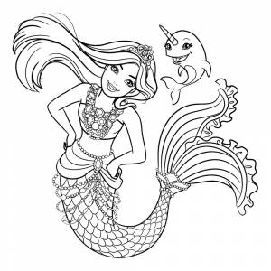 Раскраска Барби русалка и малыш нарвал