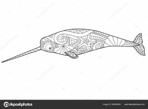 Нарвал Морское Млекопитающее Окрашивающее Антистресс  Линейная Картина Окраски Рыба Векторное изображение ©DisaAnna 360606368