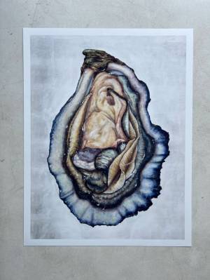Limited Edition Ink Print With Opened Oyster Made From Original Painting, Medium Size Wall Decor
