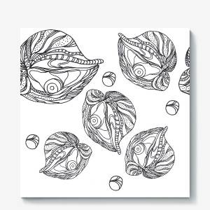 Холст «Устрицы и жемчуг раскраска паттерн черно-белый»