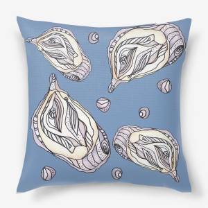 Подушка «Устрицы и жемчуг на серо-голубом паттерн графика акварель»