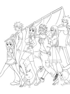 Раскраска Персонажи из аниме Хвост феи возле новогодней елки быстро