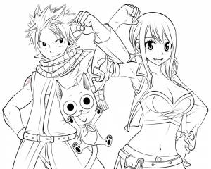 Раскраска Люси Хартфя, Нацу, Хаппи