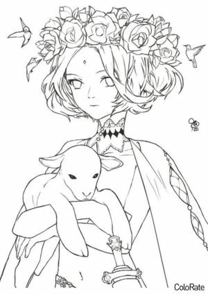 Раскраска Аниме девушка с барашком