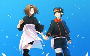Обои держутся за руки, rin nohara, naruto, anime, art, obito uchiha, вместе на рабочий стол