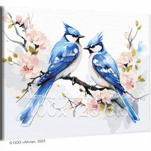 AAAA-ST0015-100x125 Голубые сойки на цветущем дереве Птицы Цветы Весна Любовь Романтика 100х125 Раскраска картина по номерам на холсте недорого