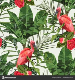 Птицы Скарлет Ибис Чаще Пальмовыми Листьями Красными Цветами Ручной Рисунок Векторное изображение ©14jan092017 527163778