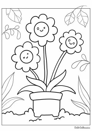 Раскраска Три счастливые ромашки в садовом горшке