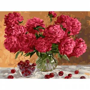 941-AS Пионы и вишня Раскраска картина по номерам на холсте Белоснежка