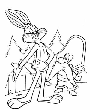 Раскраска Багз Банни и Йосемити Сэм в лесу
