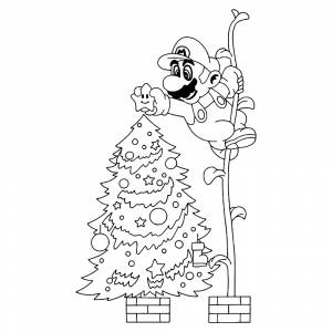 Раскраска Марио украшает ёлку
