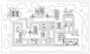 Дорожные знаки, город, дома, дорога, автобус Распечатать раскраски для мальчиков