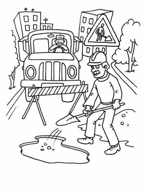 Дорожные знаки, ремонтные работы, рабочий в каске с лопатой, перекрытие дороги, грузовик, водитель, дорога, город, дома, деревья Распечатать раскраски для мальчиков