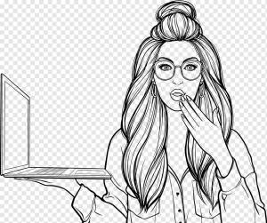 Женщина, Ноутбук, Штриховое Искусство, Компьютер, Цифровой Ноутбук, Рисование Линии, Девушка, Девушки, Люди, Человек, png