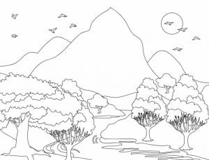 Раскраска Высокие горы, река, деревья