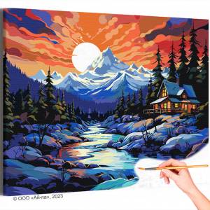 AAAA-NK553 Дом на берегу реки и горы Пейзаж Природа Зима Закат Интерьерная Раскраска картина по номерам на холсте недорого