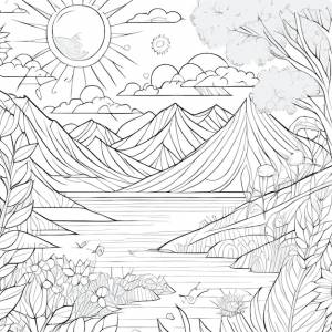 Вектор страницы раскраски горы и реки, плоский дизайн, японский стиль иллюстрации