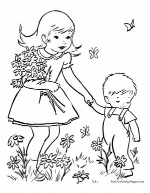 Раскраски девочка, Раскраска девочка с маленьким мальчик собирают цветы Весна