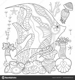 Контурная Линейная Иллюстрация Рыба Морские Водоросли Кораллы Раскраски Милые Предметы Векторное изображение ©nurrka 550136774