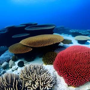 Коралловый риф с красными и черными кораллами и красный коралл с различными видами кораллов