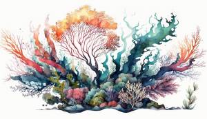 Картина кораллового рифа с синим фоном и красно-зеленым деревом