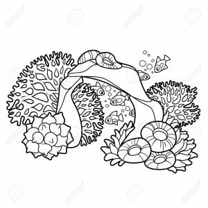 Corals, Sponges And Sea Anemones Grow On Stone Surrounded By Fish Coloring Book Linear Drawing Isolated On White Background Клипарты, SVG, векторы, и Набор Иллюстраций Без Оплаты Отчислений