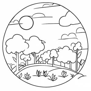 Раскраска пейзаж природа сцены с солнечными облаками  луг пейзаж сцена много деревьев цветок