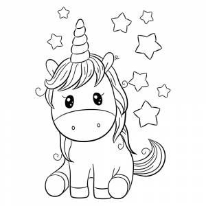 Раскраска Маленький единорог со звездами