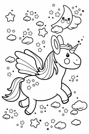 Раскраска для девочек Единорог кавайи летающий