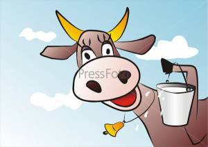 Фотография на тему Веселая корова с ведром молока на фоне неба