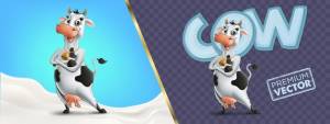 Корова премиум рисунок и серьги молоко может контейнер изолированный мультфильм 3d иллюстрация реалистичный векто