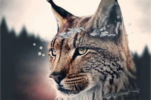 Красивая рысь современного дизайна с двойной экспозицией на фоне природы