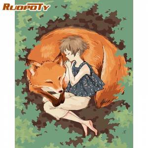 UOPOTY рамка DIY картина маслом по номерам девушки и лиса Современная настенная живопись на холсте акриловая раскраска по номерам Diy подарок