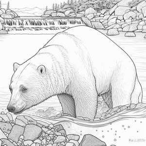 Раскраски белого медведя в воде со скалами и деревьями, генеративный ai