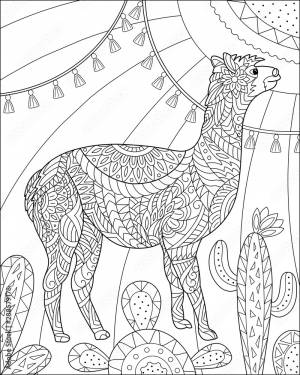 Alpaca and cactus floral coloring page for adult and children